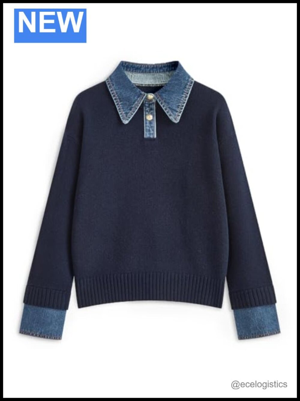 Oversized Knit Polo Sweater with Denim Collar Long Sleeve Pullover